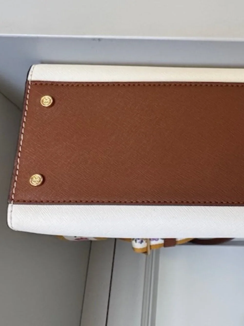 Tory Burch Cream Leather Satchel with Brown Handles and Yellow Floral Strap